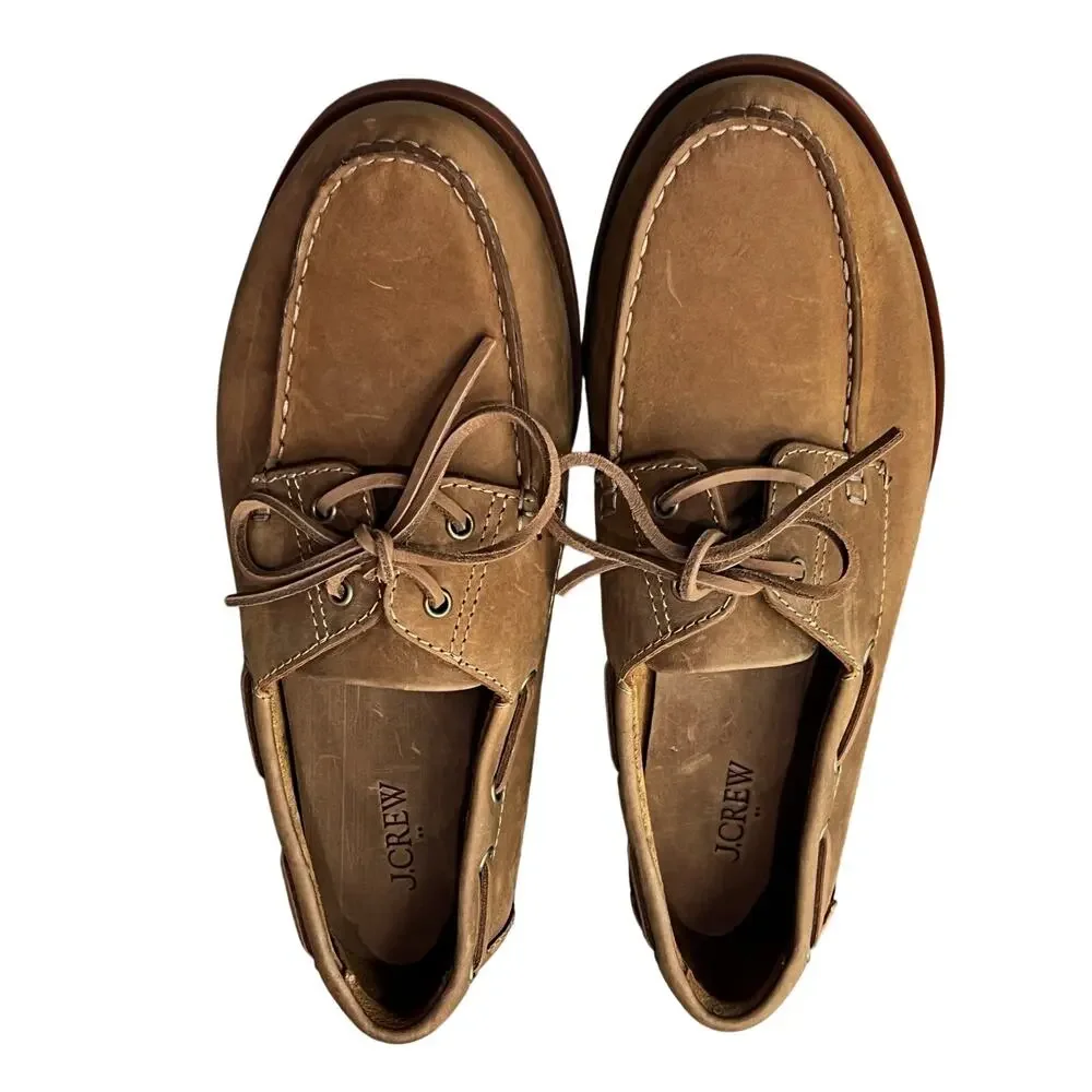 J. Crew Men's Leather Boat Shoes Comfort Round-Toe Leather Oil Tan Size 10 NWOB